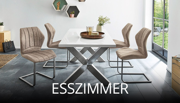 Modernes Esszimmer mit weißem Tisch auf Metallgestell und sechs Polsterstühlen in Beige, große Fenster für viel Tageslicht, minimalistisches Design mit dekorativen Akzenten für stilvolles Ambiente