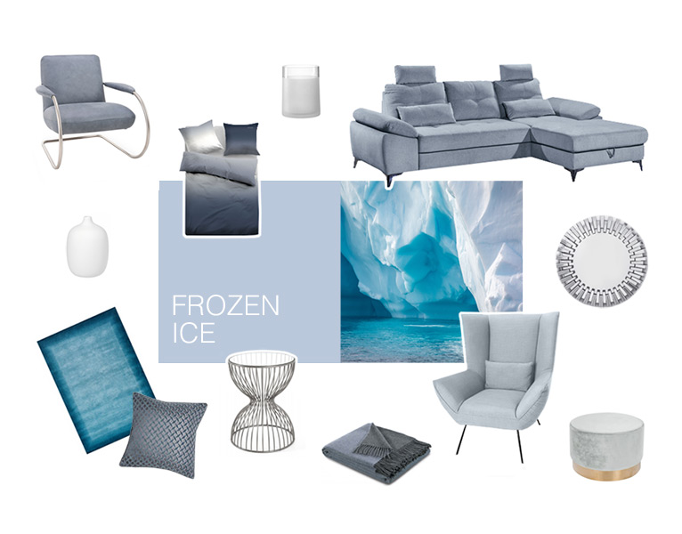 Farbwelt Frozen Ice - Arrangement von Möbeln und Accessoires in Farbtönen von Blau bis Grau - Foto eines aus blau-türkisem Wasser ragenden Eisbergs