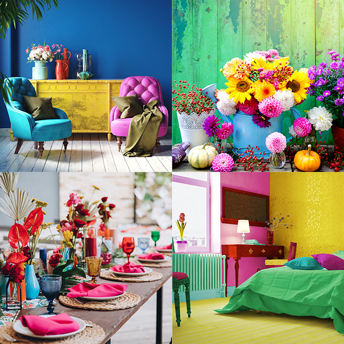 Collage aus 4 Bildern mit vielen Möbeln und Accessoires in kräftigen, bunten Farben
