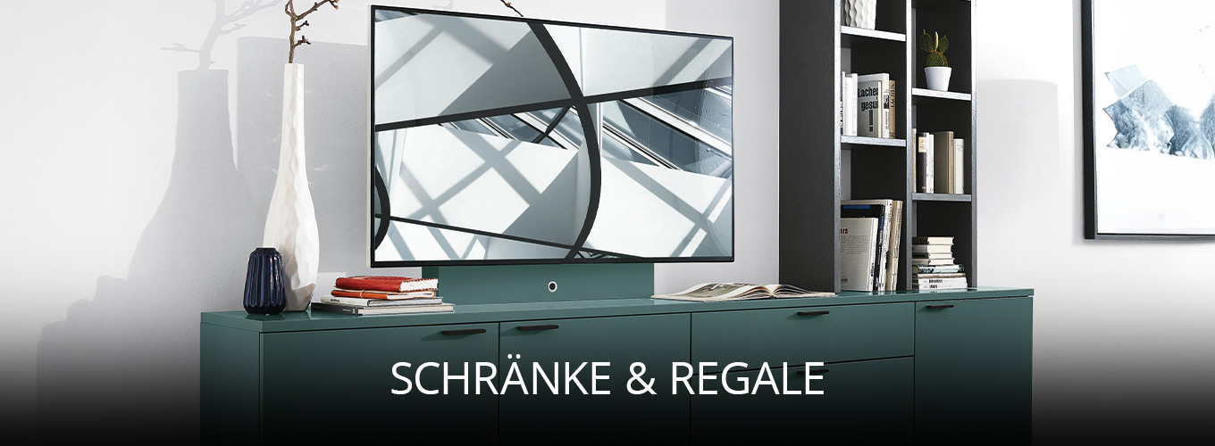 Stilvoll eingerichteter Wohnbereich mit grünem Sideboard, dekorativen Vasen, modernem Regal voller Bücher und großem Fernseher, kombiniert mit klaren Linien und minimalistischer Gestaltung