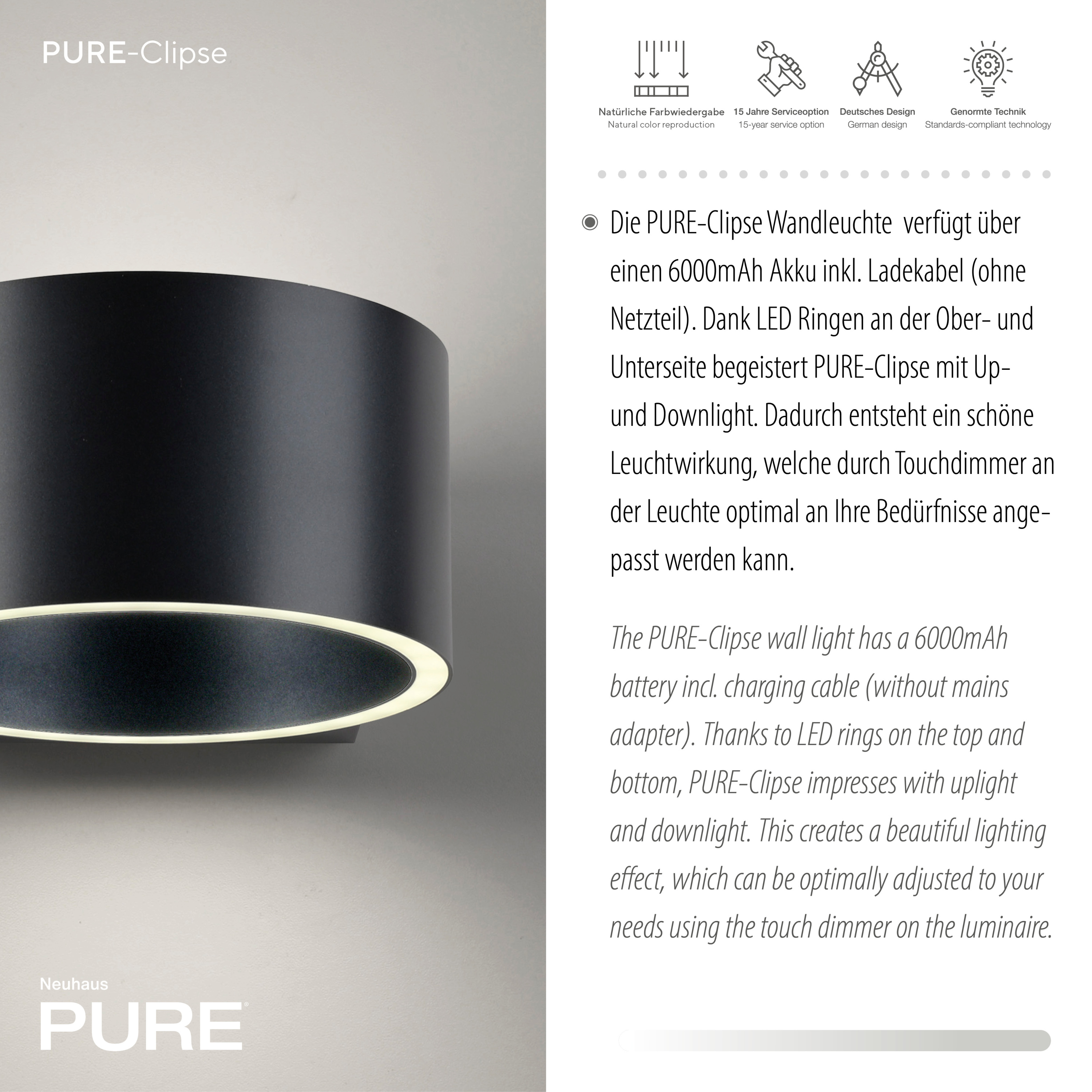 Wandleuchte PURE AKKU CLIPSE