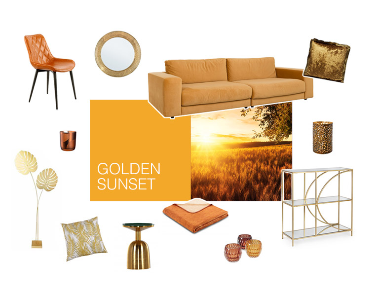 Farbwelt Golden Sunset - Arrangement von Möbeln und Accessoires in Farbtönen von Gelb bis Braun - Foto eines Kornfelds im Gegenlicht bei Sonnenuntergang
