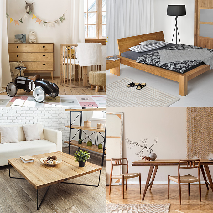 Collage aus 4 Bildern mit unterschiedlichen Holzmöbeln in Schlaf-, Wohn und Esszimmer