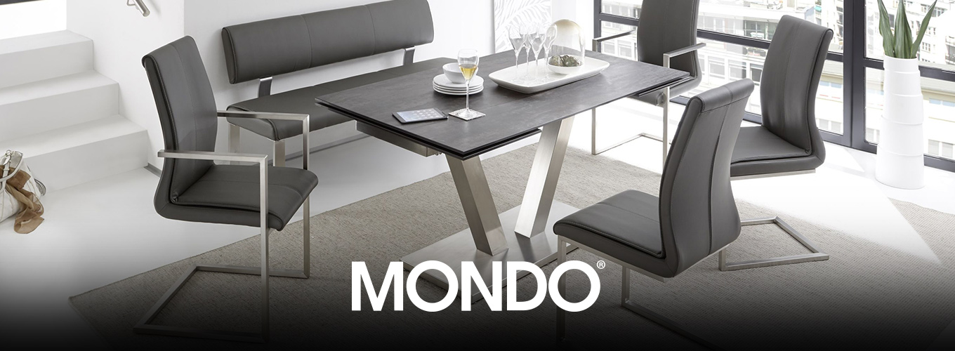 MONDO bei Moebel-Shop - Eine moderne MONDO Essgruppe mit Leder-Freischwingern, Lederbank und Esstisch, alle Möbel mit Füßen aus gebürstetem Edelstahl in hellem Esszimmerbereich
