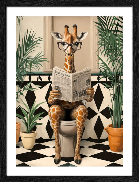 Gerahmtes Bild LUSTIGE GIRAFFE in mehrfarbig aus Glas satiniert