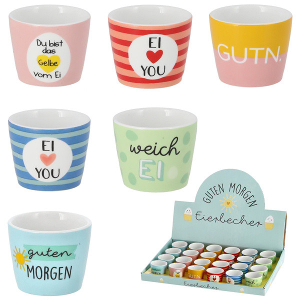 Eierbecher SPRÜCHE in mehrfarbig aus Steinzeug