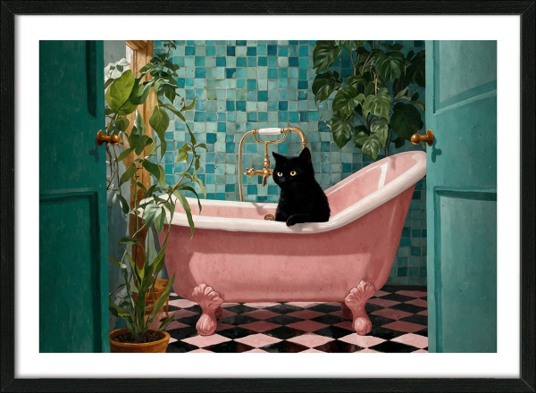 Gerahmtes Bild CAT BATHTUB in mehrfarbig aus Glas satiniert