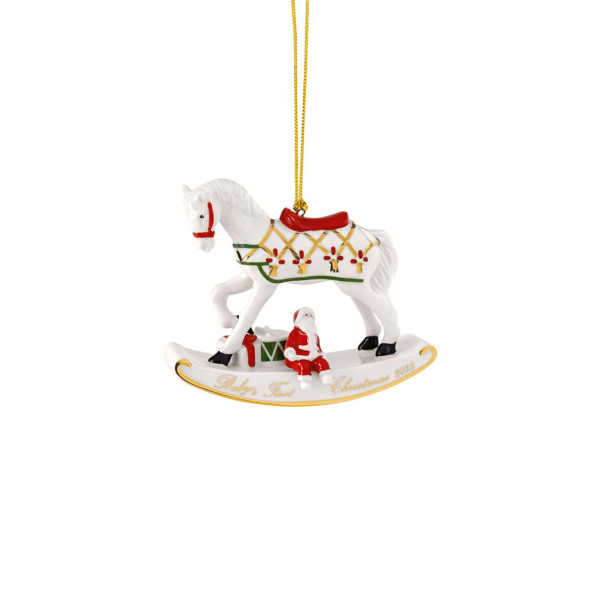 Christbaumschmuck Hänger Schaukelpferd 2025 in weiß/rot aus Bone China