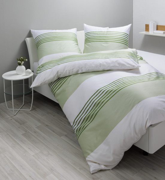 Bettwäsche PALERMO Mako-Satin in weiß/grün aus Baumwolle