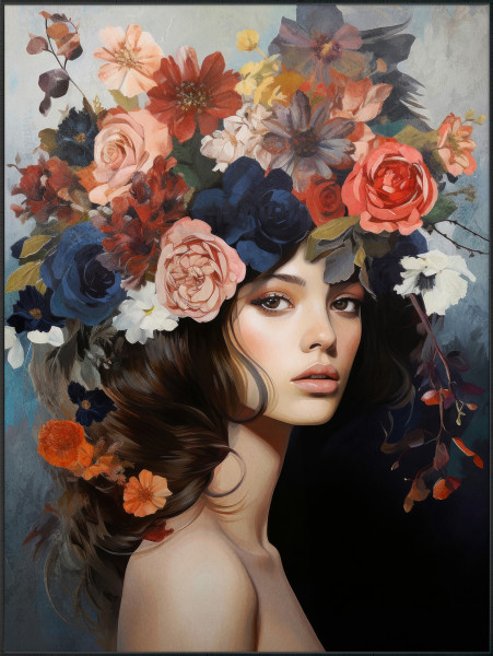 Bild LADY MIT BLUMENSCHMUCK in bunt aus Holz