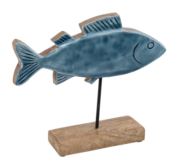 Aufsteller FISCH auf Holzfuß in blau aus Mango