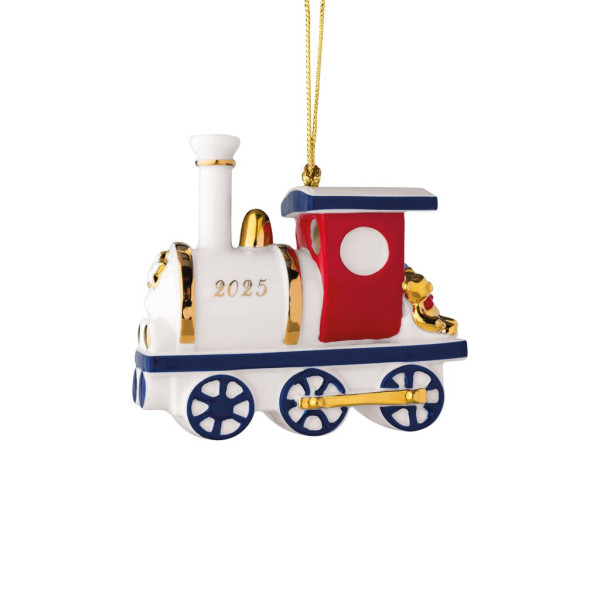 Christbaumschmuck Hänger Lokomotive 2025 in weiß/rot aus Bone China