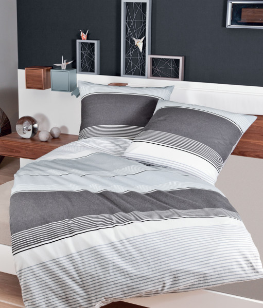 Bettwäsche DAVOS Biber in silberfarben aus Baumwolle