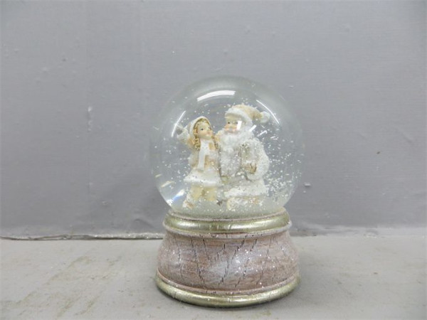 Schneekugel Santa mit Kind in beige aus Polyresin