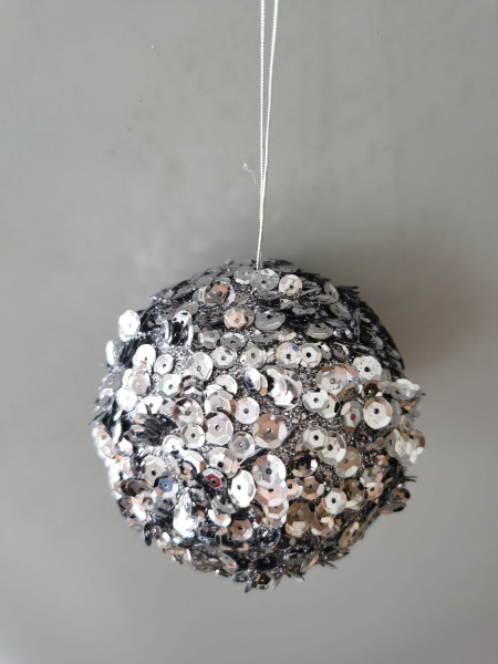 Christbaumschmuck Hänger Kugel PAILLETTEN in grau aus Metall