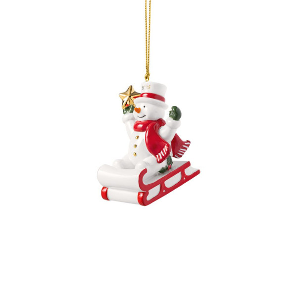 Christbaumschmuck Hänger Schneemann 2025 in weiß/rot aus Bone China