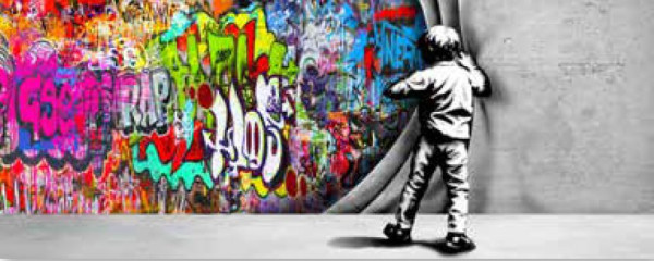 Glasbild GRAFFITI DISCOVERY in mehrfarbig aus Glas