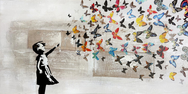 Gemälde BUTTERFLY GIRL in bunt aus Holz
