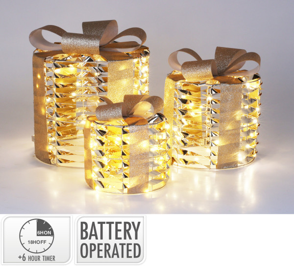 Leuchtobjekt LED GESCHENKE in goldfarben aus Eisen