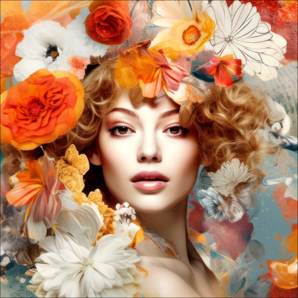 Glasbild FLOWERS ON HER HEAD in mehrfarbig aus Glas