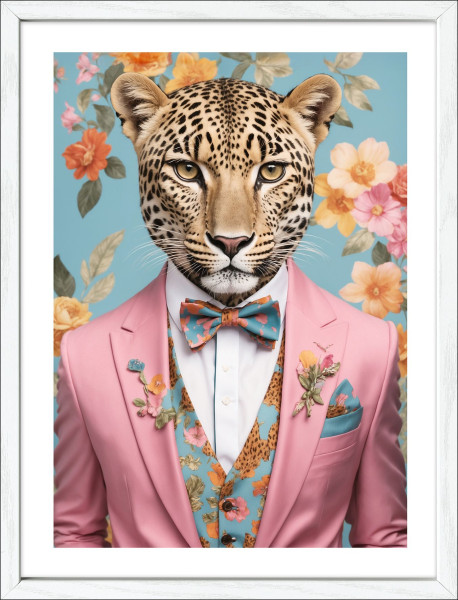 Gerahmtes Bild LEOPARD IN SUIT in mehrfarbig aus Glas satiniert