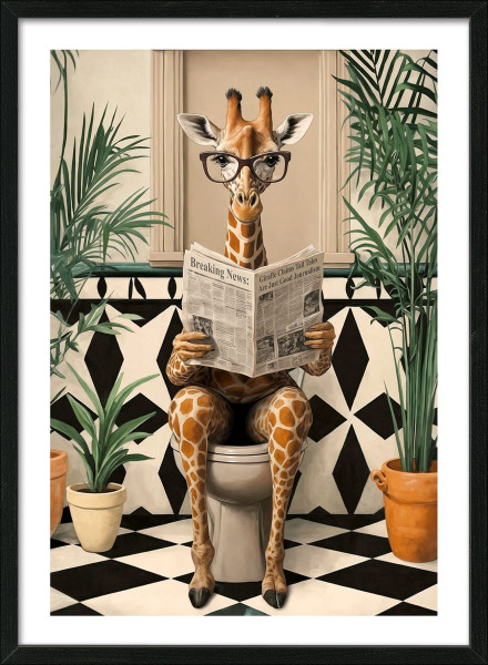 Gerahmtes Bild LUSTIGE GIRAFFE in mehrfarbig aus Glas satiniert