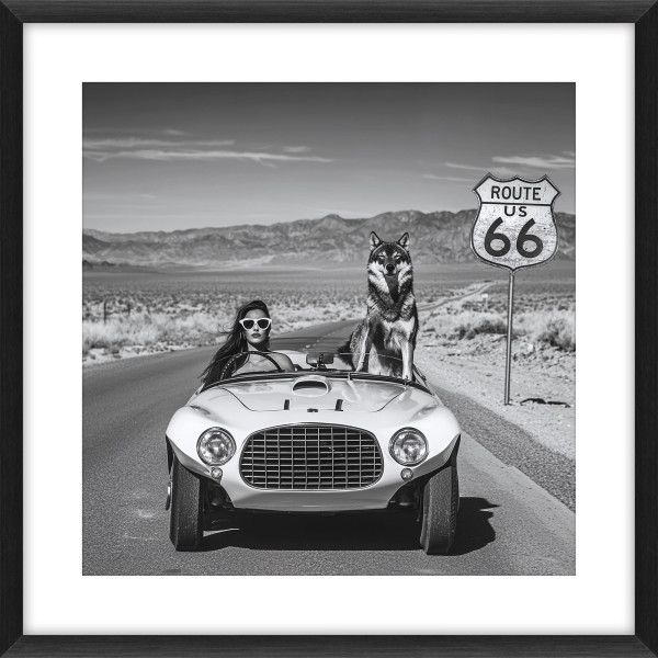 Bild LADY AND WOLF ON ROUTE in schwarz/weiß aus Kunststoff