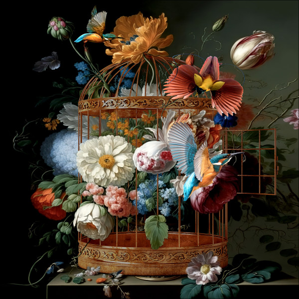 Glasbild BIRDS AND FLOWERS in mehrfarbig aus Glas