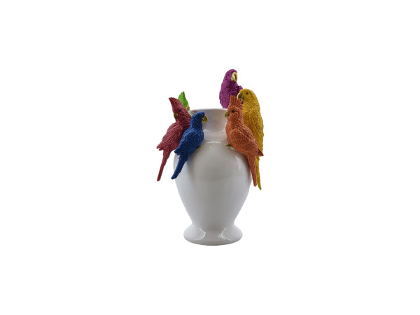 Vase Papageien in weiß aus Polyresin