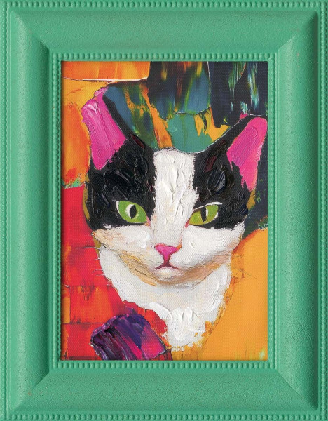 Gemälde COLOURED CAT in grün aus Holz