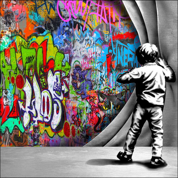Glasbild GRAFFITI DISCOVERY in mehrfarbig aus Glas